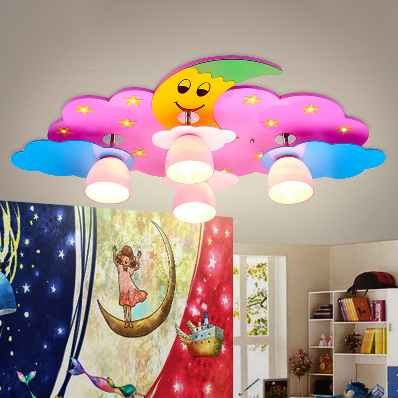 Cartoon Moon and Cloud Flush Mount Light Wood 4 Bulbs Bedroom Flushmount Ceiling Fixture for Nursery Pink Clearhalo 'Ceiling Lights' 'Close To Ceiling Lights' 'Close to ceiling' 'Flush mount' Lighting' 2031041