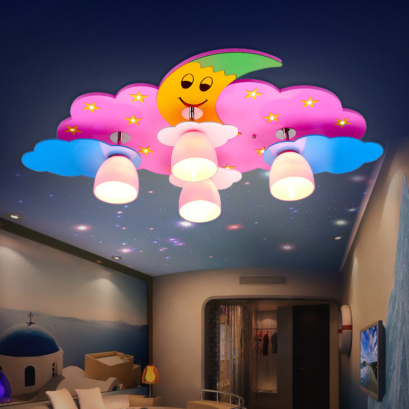 Cartoon Moon and Cloud Flush Mount Light Wood 4 Bulbs Bedroom Flushmount Ceiling Fixture for Nursery Clearhalo 'Ceiling Lights' 'Close To Ceiling Lights' 'Close to ceiling' 'Flush mount' Lighting' 2031043