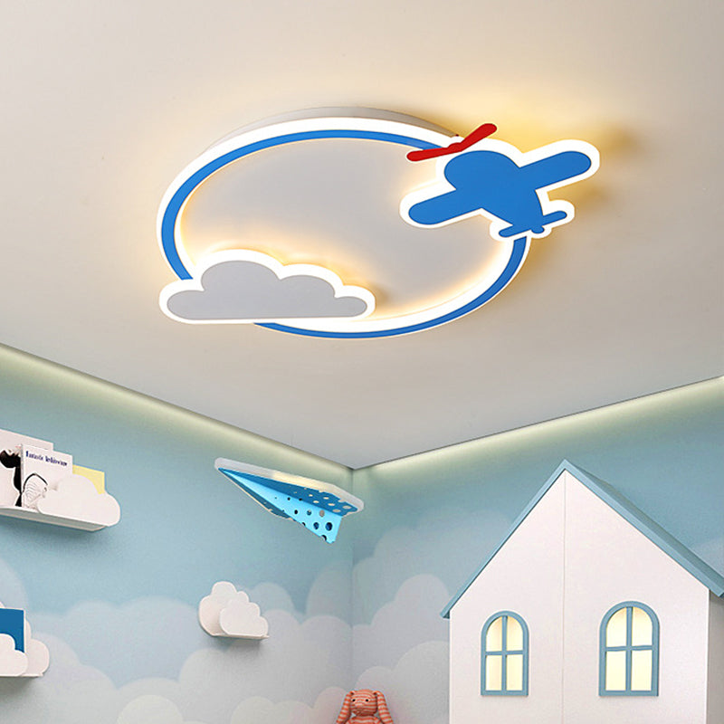 Plane and Cloud Nursery Flush Mount Light Metal LED Kid Flushmount Ceiling Fixture, Blue and White Blue Warm Clearhalo 'Ceiling Lights' 'Close To Ceiling Lights' 'Close to ceiling' 'Flush mount' Lighting' 2031046