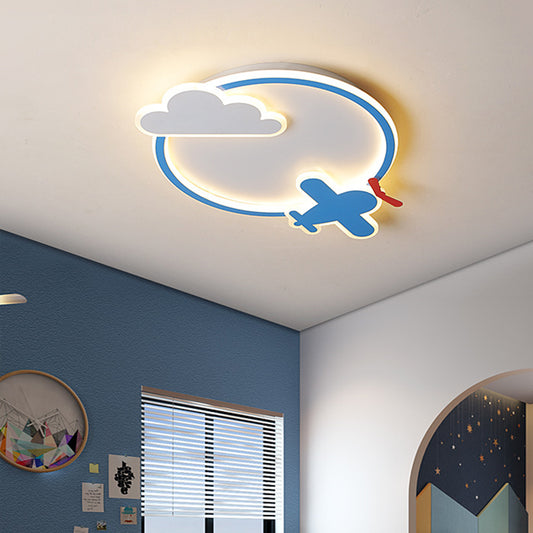 Plane and Cloud Nursery Flush Mount Light Metal LED Kid Flushmount Ceiling Fixture, Blue and White Clearhalo 'Ceiling Lights' 'Close To Ceiling Lights' 'Close to ceiling' 'Flush mount' Lighting' 2031047