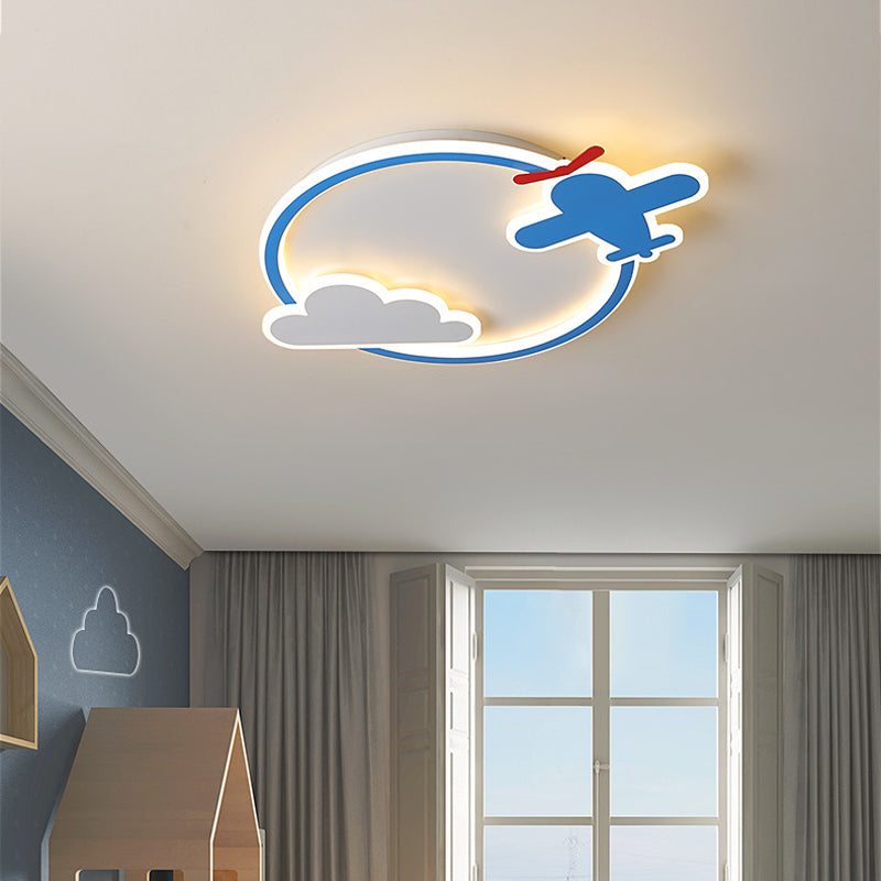 Plane and Cloud Nursery Flush Mount Light Metal LED Kid Flushmount Ceiling Fixture, Blue and White Clearhalo 'Ceiling Lights' 'Close To Ceiling Lights' 'Close to ceiling' 'Flush mount' Lighting' 2031048