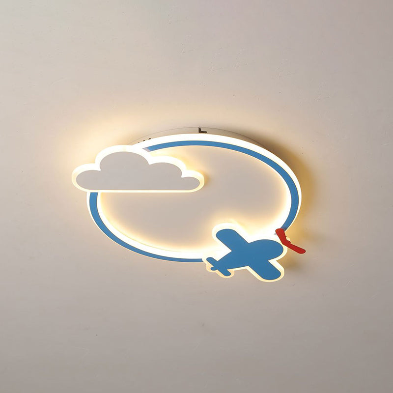 Plane and Cloud Nursery Flush Mount Light Metal LED Kid Flushmount Ceiling Fixture, Blue and White Clearhalo 'Ceiling Lights' 'Close To Ceiling Lights' 'Close to ceiling' 'Flush mount' Lighting' 2031050