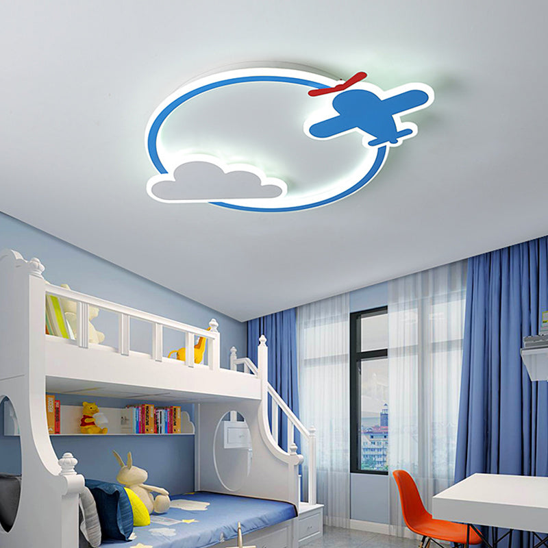 Plane and Cloud Nursery Flush Mount Light Metal LED Kid Flushmount Ceiling Fixture, Blue and White Blue White Clearhalo 'Ceiling Lights' 'Close To Ceiling Lights' 'Close to ceiling' 'Flush mount' Lighting' 2031051