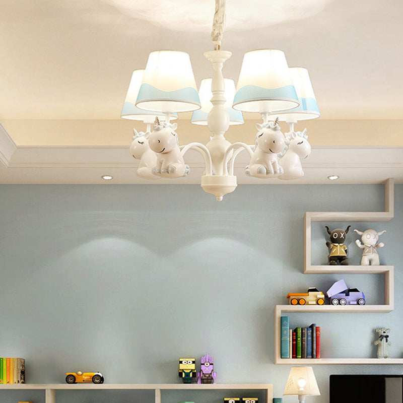 Unicorn Chandelier Lamp Cartoon Resin 5 Bulbs Nursery Hanging Light with Empire Fabric Shade Blue Clearhalo 'Ceiling Lights' 'Chandeliers' Lighting' options 2031093_27e82e55-c3e1-4b33-b523-d2d1eb1bda34