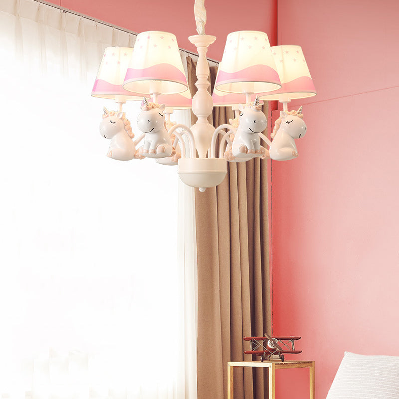 Unicorn Chandelier Lamp Cartoon Resin 5 Bulbs Nursery Hanging Light with Empire Fabric Shade Pink Clearhalo 'Ceiling Lights' 'Chandeliers' Lighting' options 2031096_4c4fdd9c-97c0-48b9-99f0-8a79ad5e7e74