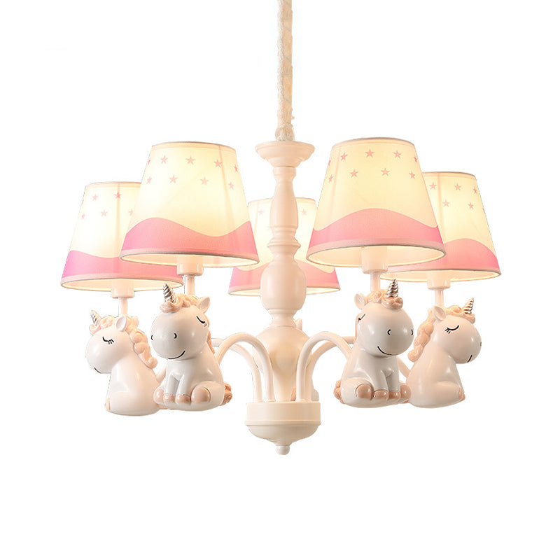 Unicorn Chandelier Lamp Cartoon Resin 5 Bulbs Nursery Hanging Light with Empire Fabric Shade Clearhalo 'Ceiling Lights' 'Chandeliers' Lighting' options 2031098