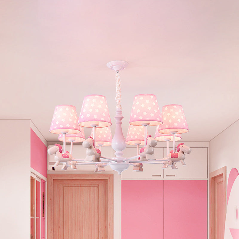 Pink Tapered Shade Chandelier Kid Fabric Down Lighting Pendant with Horse Figurine Clearhalo 'Ceiling Lights' 'Chandeliers' Lighting' options 2031101