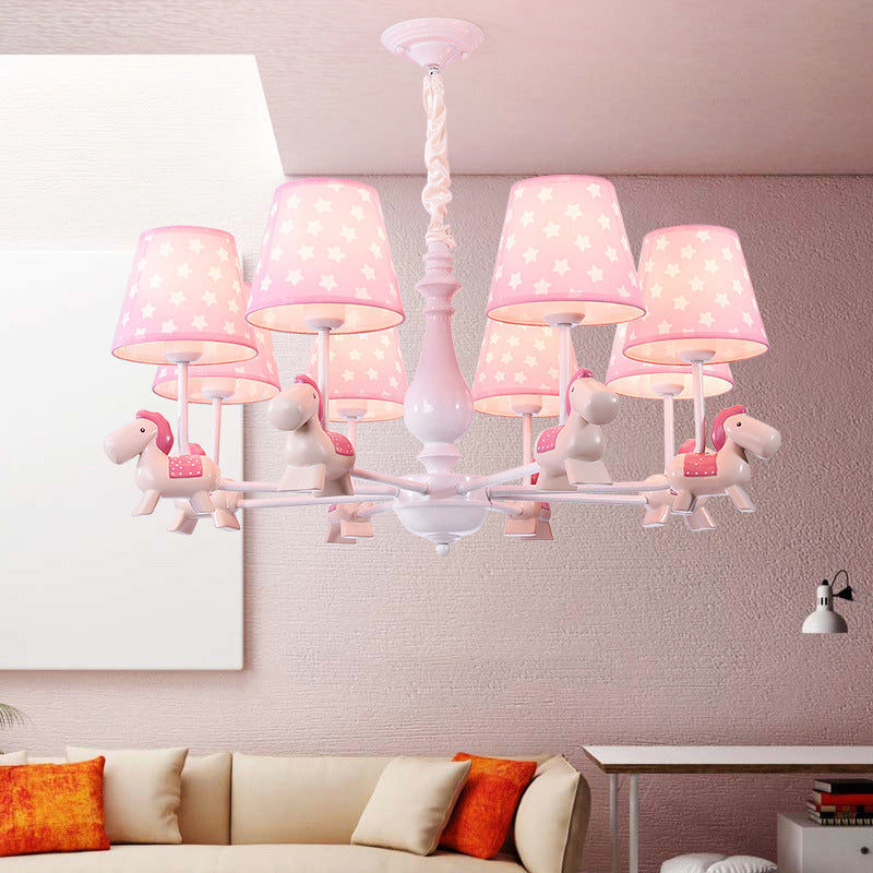 Pink Tapered Shade Chandelier Kid Fabric Down Lighting Pendant with Horse Figurine Clearhalo 'Ceiling Lights' 'Chandeliers' Lighting' options 2031102