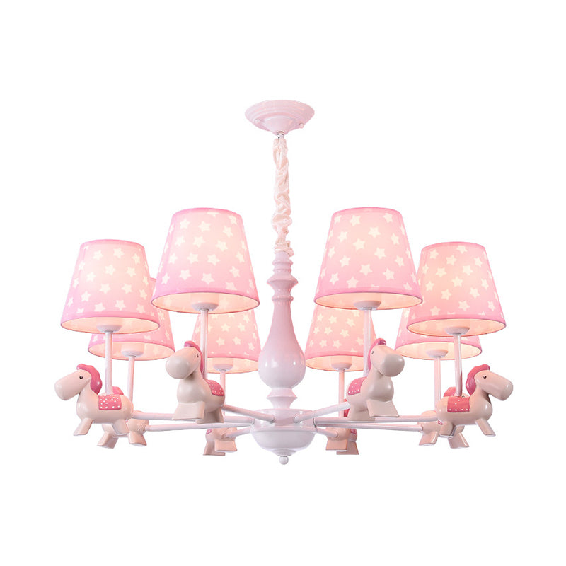 Pink Tapered Shade Chandelier Kid Fabric Down Lighting Pendant with Horse Figurine Clearhalo 'Ceiling Lights' 'Chandeliers' Lighting' options 2031103