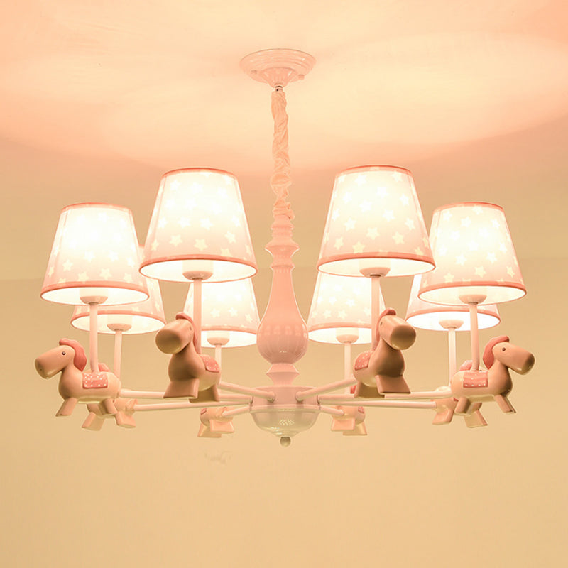 Pink Tapered Shade Chandelier Kid Fabric Down Lighting Pendant with Horse Figurine Clearhalo 'Ceiling Lights' 'Chandeliers' Lighting' options 2031104