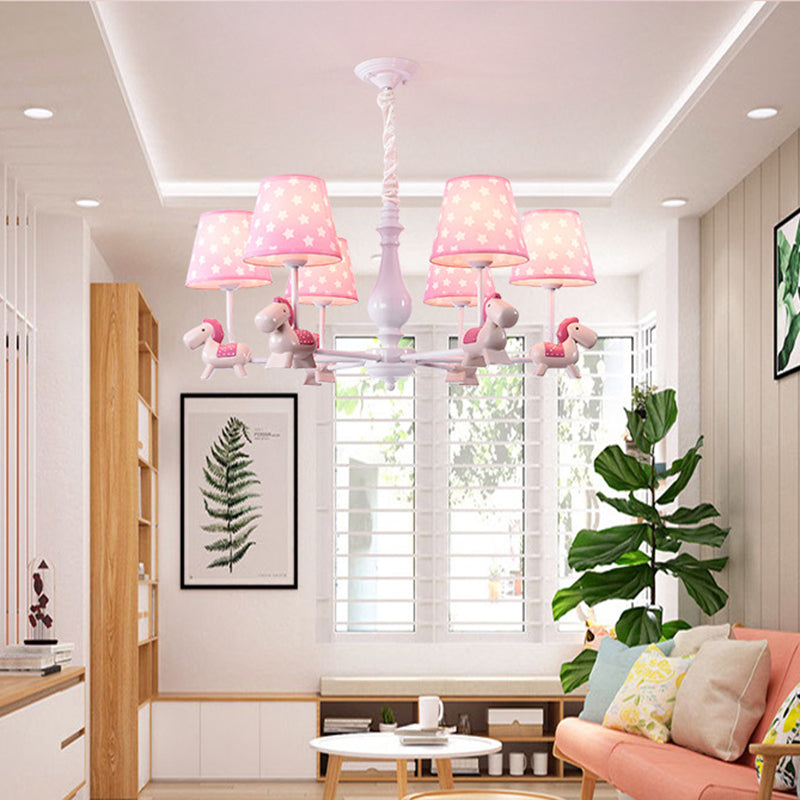 Pink Tapered Shade Chandelier Kid Fabric Down Lighting Pendant with Horse Figurine Clearhalo 'Ceiling Lights' 'Chandeliers' Lighting' options 2031105