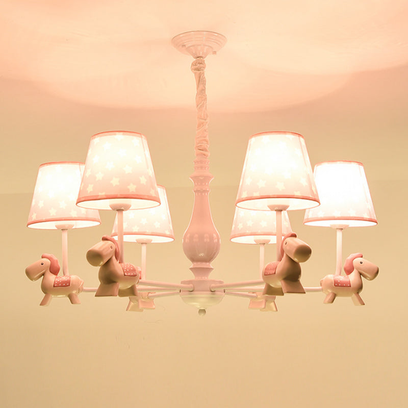 Pink Tapered Shade Chandelier Kid Fabric Down Lighting Pendant with Horse Figurine Clearhalo 'Ceiling Lights' 'Chandeliers' Lighting' options 2031106