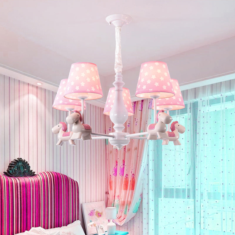 Pink Tapered Shade Chandelier Kid Fabric Down Lighting Pendant with Horse Figurine Clearhalo 'Ceiling Lights' 'Chandeliers' Lighting' options 2031107