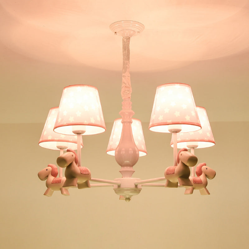 Pink Tapered Shade Chandelier Kid Fabric Down Lighting Pendant with Horse Figurine Clearhalo 'Ceiling Lights' 'Chandeliers' Lighting' options 2031108