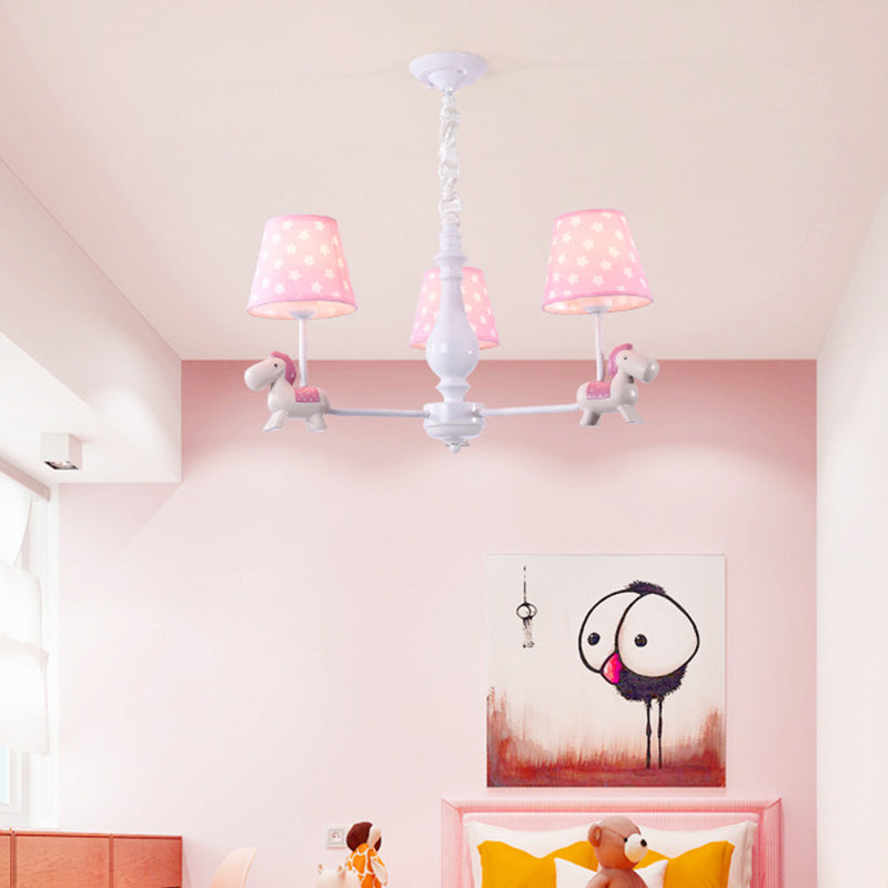 Pink Tapered Shade Chandelier Kid Fabric Down Lighting Pendant with Horse Figurine Clearhalo 'Ceiling Lights' 'Chandeliers' Lighting' options 2031109