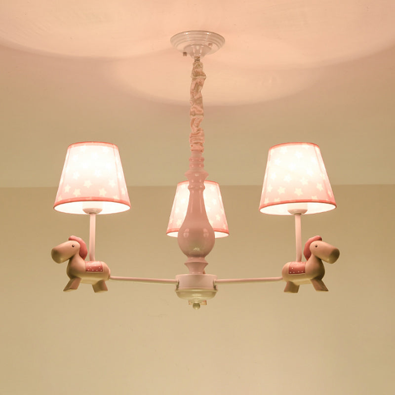 Pink Tapered Shade Chandelier Kid Fabric Down Lighting Pendant with Horse Figurine Clearhalo 'Ceiling Lights' 'Chandeliers' Lighting' options 2031110