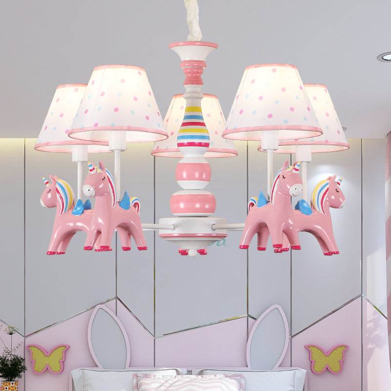 Resin Rainbow Unicorn Chandelier Light Cartoon Pink Ceiling Pendant with Tapered Fabric Shade for Nursery Clearhalo 'Ceiling Lights' 'Chandeliers' Lighting' options 2031111