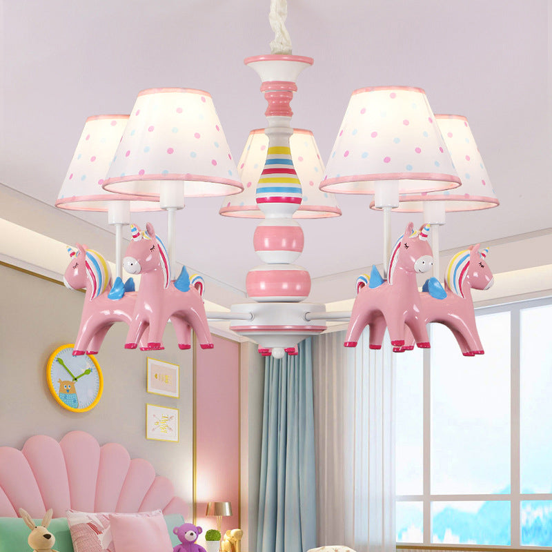 Resin Rainbow Unicorn Chandelier Light Cartoon Pink Ceiling Pendant with Tapered Fabric Shade for Nursery Clearhalo 'Ceiling Lights' 'Chandeliers' Lighting' options 2031112