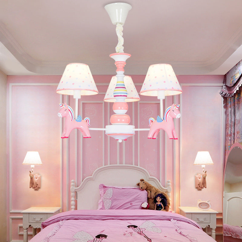 Resin Rainbow Unicorn Chandelier Light Cartoon Pink Ceiling Pendant with Tapered Fabric Shade for Nursery Clearhalo 'Ceiling Lights' 'Chandeliers' Lighting' options 2031113