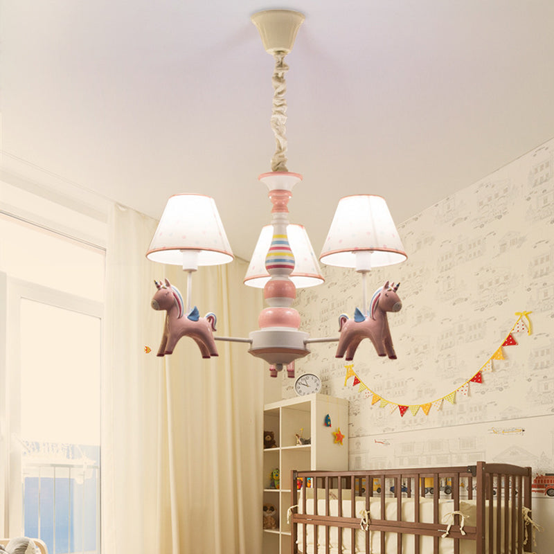 Resin Rainbow Unicorn Chandelier Light Cartoon Pink Ceiling Pendant with Tapered Fabric Shade for Nursery Clearhalo 'Ceiling Lights' 'Chandeliers' Lighting' options 2031114