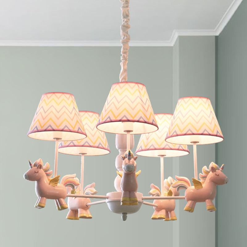 Tapered Shade Chandelier Kid Fabric 5 Bulbs Pink Pendant Light Fixture with Unicorn Figurine Clearhalo 'Ceiling Lights' 'Chandeliers' Lighting' options 2031118