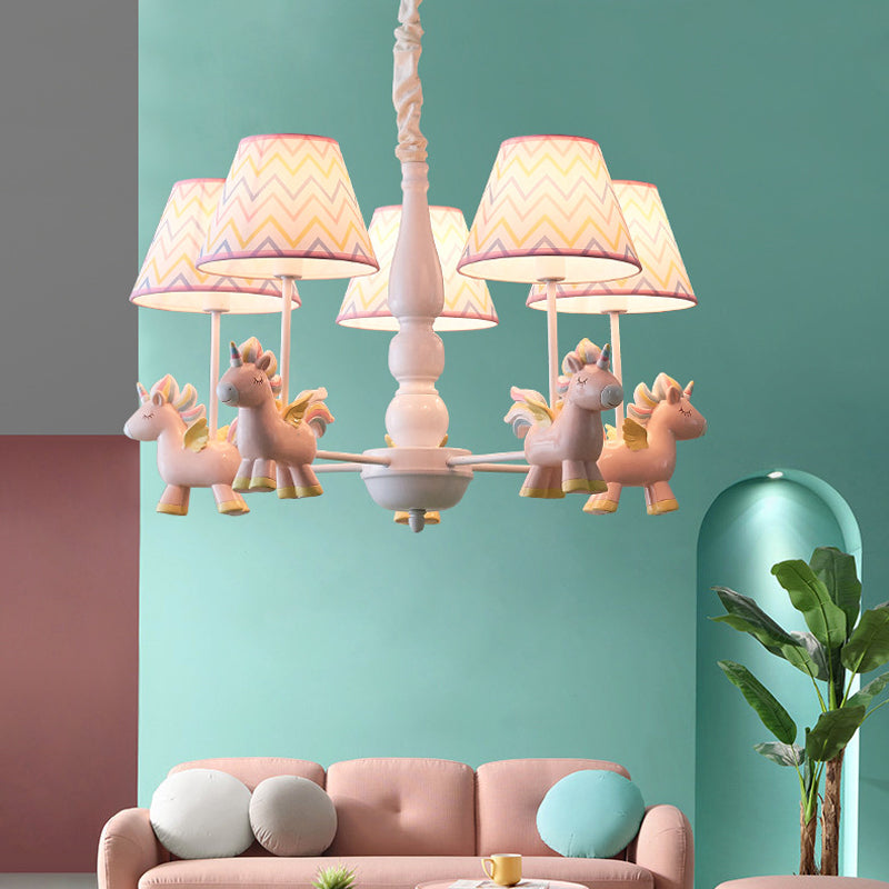 Tapered Shade Chandelier Kid Fabric 5 Bulbs Pink Pendant Light Fixture with Unicorn Figurine Clearhalo 'Ceiling Lights' 'Chandeliers' Lighting' options 2031119