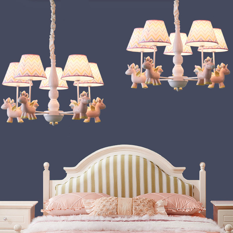 Tapered Shade Chandelier Kid Fabric 5 Bulbs Pink Pendant Light Fixture with Unicorn Figurine Clearhalo 'Ceiling Lights' 'Chandeliers' Lighting' options 2031120