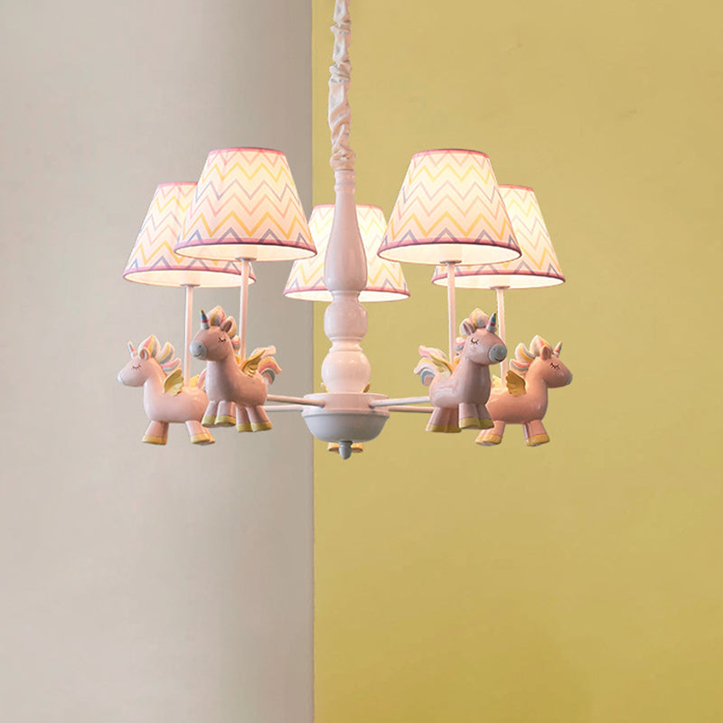 Tapered Shade Chandelier Kid Fabric 5 Bulbs Pink Pendant Light Fixture with Unicorn Figurine Clearhalo 'Ceiling Lights' 'Chandeliers' Lighting' options 2031121