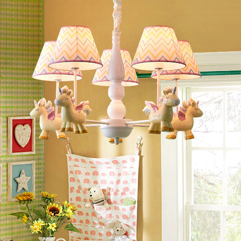 Tapered Shade Chandelier Kid Fabric 5 Bulbs Pink Pendant Light Fixture with Unicorn Figurine Clearhalo 'Ceiling Lights' 'Chandeliers' Lighting' options 2031122