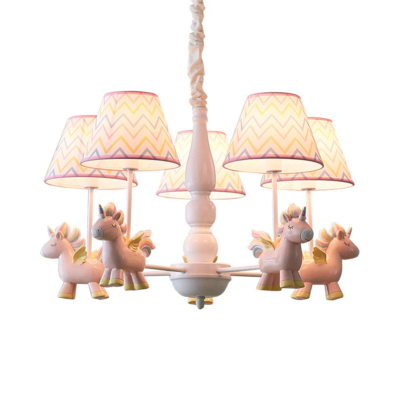 Tapered Shade Chandelier Kid Fabric 5 Bulbs Pink Pendant Light Fixture with Unicorn Figurine Clearhalo 'Ceiling Lights' 'Chandeliers' Lighting' options 2031123