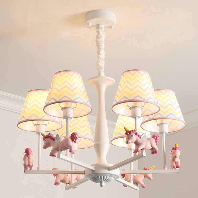 Unicorn Resin Suspension Lighting Cartoon Pink Chandelier Light Fixture with Empire Fabric Shade Clearhalo 'Ceiling Lights' 'Chandeliers' Lighting' options 2031128