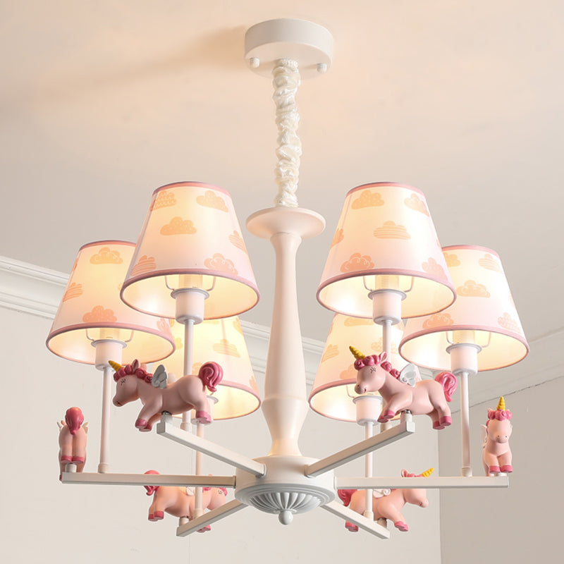 Unicorn Resin Suspension Lighting Cartoon Pink Chandelier Light Fixture with Empire Fabric Shade 6 Pink B Clearhalo 'Ceiling Lights' 'Chandeliers' Lighting' options 2031130_56195798-1617-44df-bd99-7434646997e2