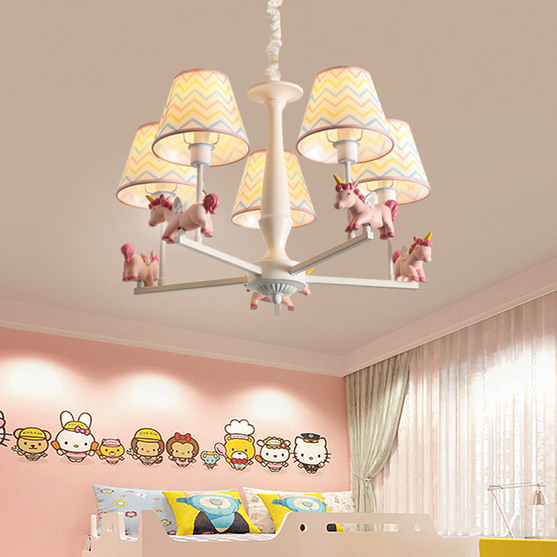 Unicorn Resin Suspension Lighting Cartoon Pink Chandelier Light Fixture with Empire Fabric Shade Clearhalo 'Ceiling Lights' 'Chandeliers' Lighting' options 2031134