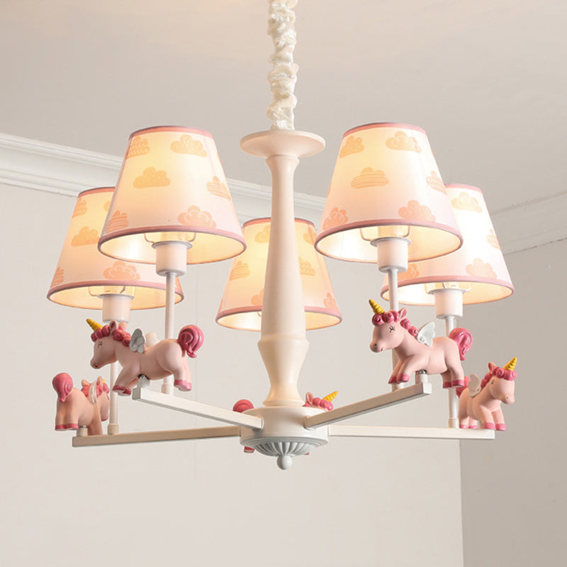 Unicorn Resin Suspension Lighting Cartoon Pink Chandelier Light Fixture with Empire Fabric Shade Clearhalo 'Ceiling Lights' 'Chandeliers' Lighting' options 2031136