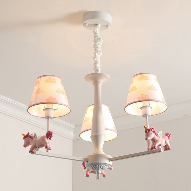 Unicorn Resin Suspension Lighting Cartoon Pink Chandelier Light Fixture with Empire Fabric Shade Clearhalo 'Ceiling Lights' 'Chandeliers' Lighting' options 2031138