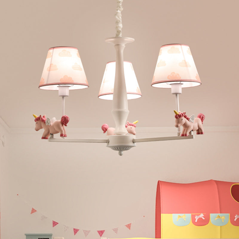 Unicorn Resin Suspension Lighting Cartoon Pink Chandelier Light Fixture with Empire Fabric Shade Clearhalo 'Ceiling Lights' 'Chandeliers' Lighting' options 2031139