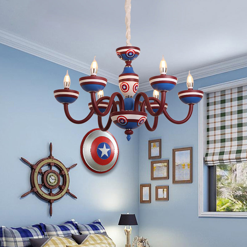 Cartoon Curved Arm Ceiling Lamp Metal Nursery Chandelier Light in Red and Blue for Child Room 6 Red Clearhalo 'Ceiling Lights' 'Chandeliers' Lighting' options 2031166_e2faba3d-1e72-4ced-9228-c5dd07e9d6e2