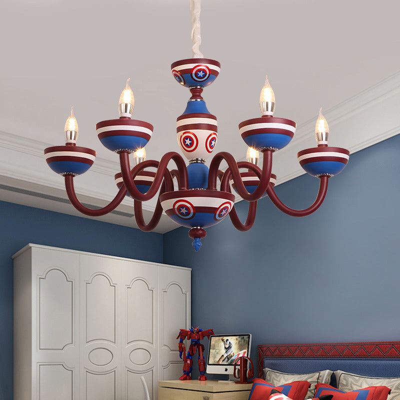 Cartoon Curved Arm Ceiling Lamp Metal Nursery Chandelier Light in Red and Blue for Child Room Clearhalo 'Ceiling Lights' 'Chandeliers' Lighting' options 2031167