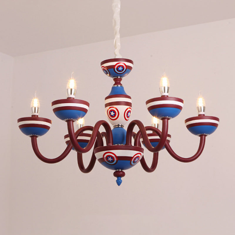 Cartoon Curved Arm Ceiling Lamp Metal Nursery Chandelier Light in Red and Blue for Child Room Clearhalo 'Ceiling Lights' 'Chandeliers' Lighting' options 2031168