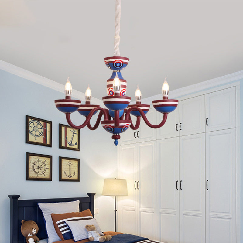 Cartoon Curved Arm Ceiling Lamp Metal Nursery Chandelier Light in Red and Blue for Child Room Clearhalo 'Ceiling Lights' 'Chandeliers' Lighting' options 2031170