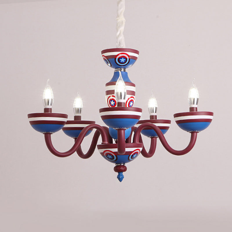 Cartoon Curved Arm Ceiling Lamp Metal Nursery Chandelier Light in Red and Blue for Child Room Clearhalo 'Ceiling Lights' 'Chandeliers' Lighting' options 2031172