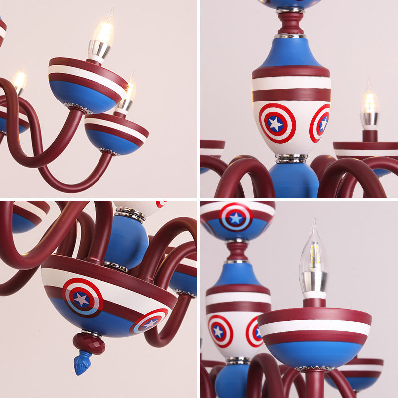 Cartoon Curved Arm Ceiling Lamp Metal Nursery Chandelier Light in Red and Blue for Child Room Clearhalo 'Ceiling Lights' 'Chandeliers' Lighting' options 2031173