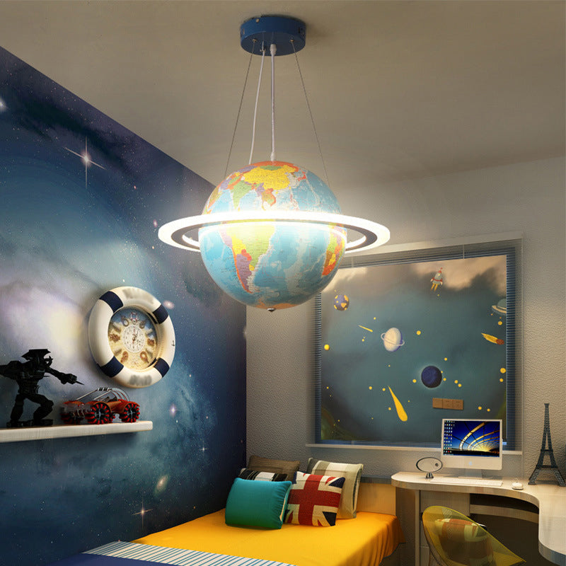 Blue Terrestrial Globe Chandelier Creative LED Acrylic Hanging Pendant with Ring for Nursery Clearhalo 'Ceiling Lights' 'Chandeliers' Lighting' options 2031175