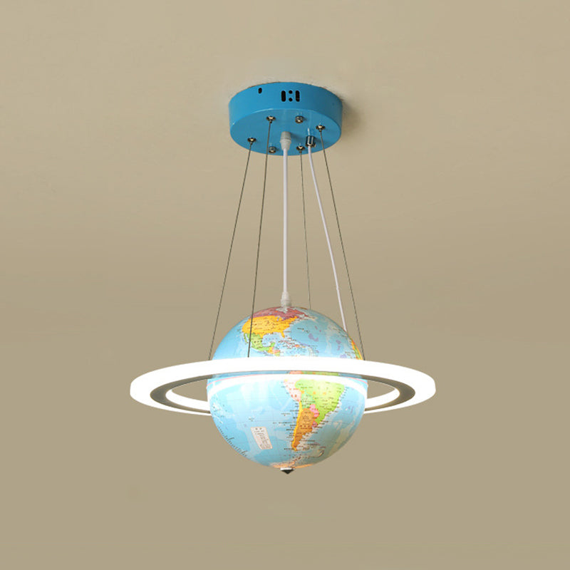 Blue Terrestrial Globe Chandelier Creative LED Acrylic Hanging Pendant with Ring for Nursery Clearhalo 'Ceiling Lights' 'Chandeliers' Lighting' options 2031178