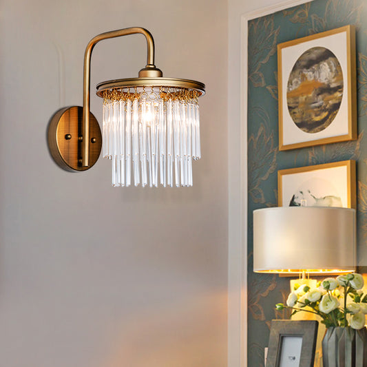 Drum Living Room Wall Light Vintage Crystal Bead/Stick 1/2 Lights Antique Brass Sconce Light Clearhalo 'Wall Lamps & Sconces' 'Wall Lights' Lighting' 203172