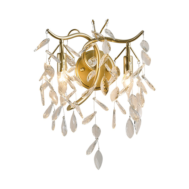 Gold Candle Sconce Light Vintage Metal 2 Lights Living Room Wall Mounted Light with Leaf Crystal Strand Clearhalo 'Wall Lamps & Sconces' 'Wall Lights' Lighting' 203189