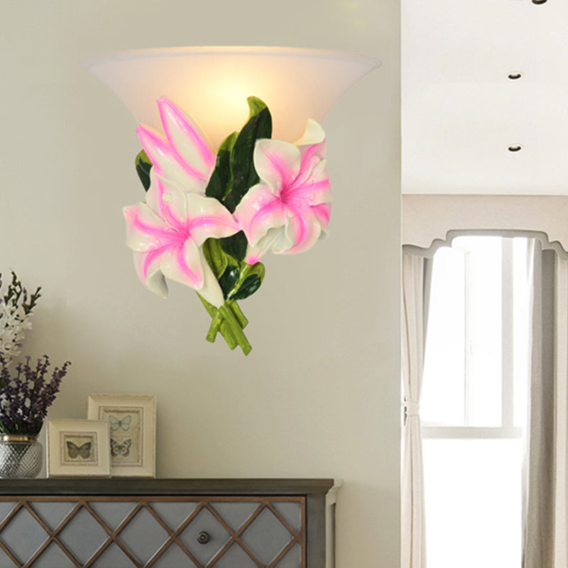 Frosted Glass Flared Wall Light Rustic 1 Light Living Room Wall Mounted Light with Pink Flower Decoration Pink Clearhalo 'Wall Lamps & Sconces' 'Wall Lights' Lighting' 203253