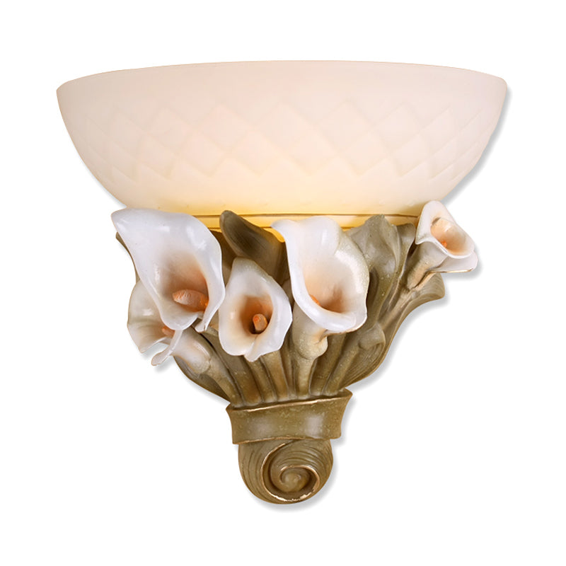 Bowl White Glass Wall Light Fixture Vintage 1 Light Bedside Sconce Light with Yellow/White Flower Design Clearhalo 'Wall Lamps & Sconces' 'Wall Lights' Lighting' 203279