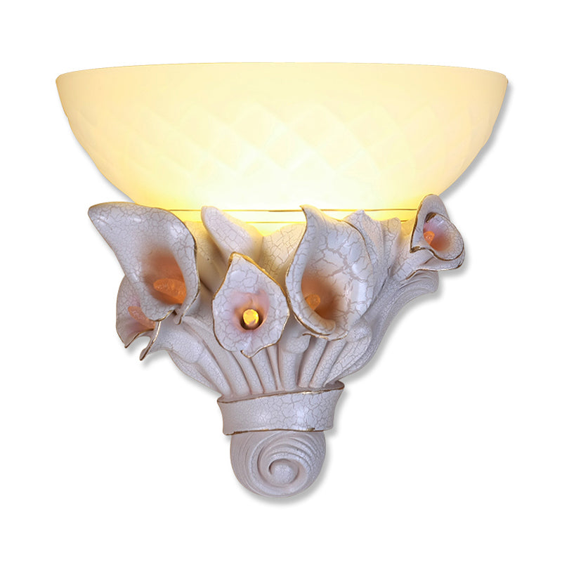 Bowl White Glass Wall Light Fixture Vintage 1 Light Bedside Sconce Light with Yellow/White Flower Design Clearhalo 'Wall Lamps & Sconces' 'Wall Lights' Lighting' 203282