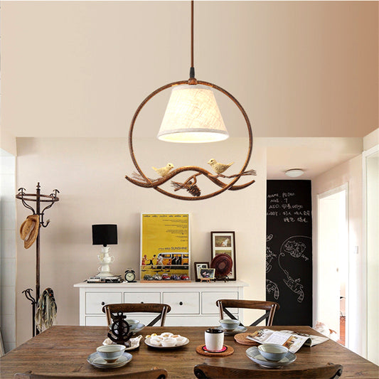 1 Light Cone Pendant Lighting Country Rust Fabric Hanging Ceiling Light with Metal Frame and Bird Decoration Clearhalo 'Ceiling Lights' 'Pendant Lights' 'Pendants' Lighting' 203288